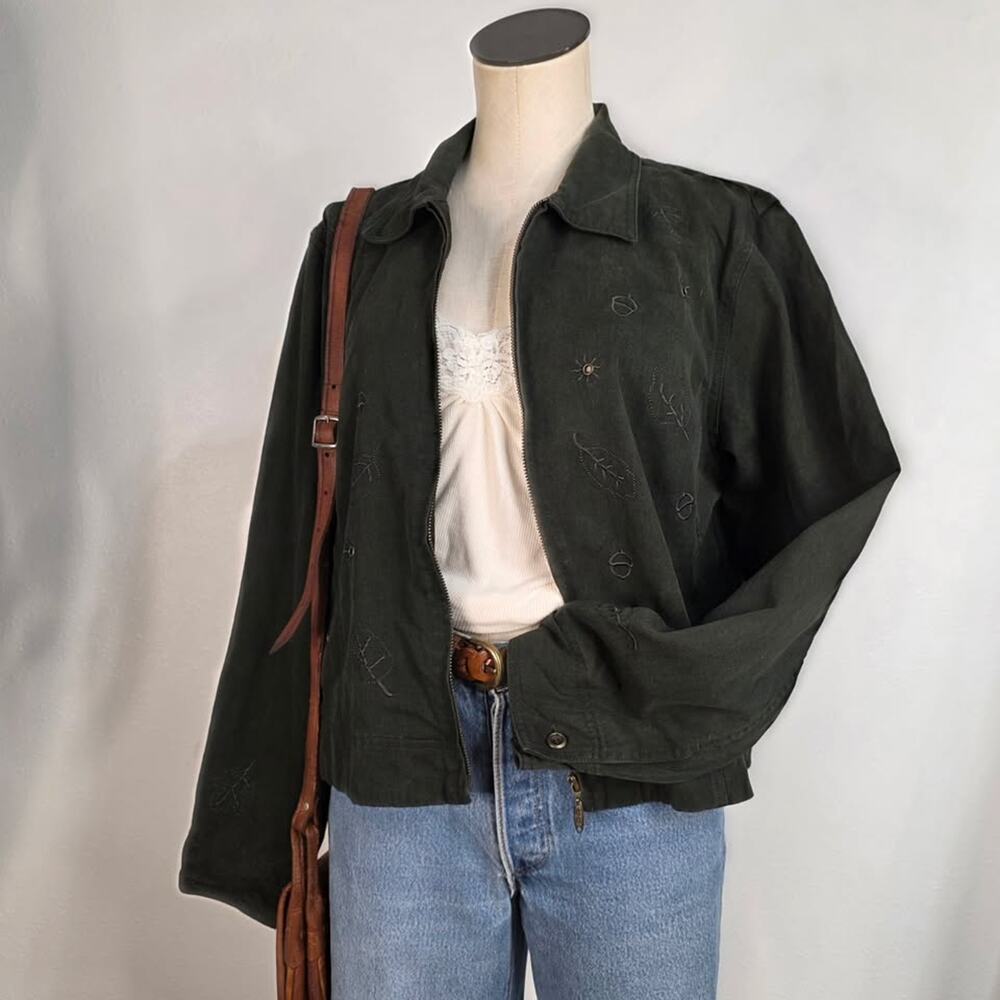 Vintage Dark Green Embroidered Zip Jacket Women XL Leaf Acorn Nature Cottagecore